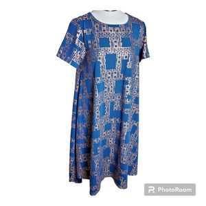 Lularoe Dress Short Sleeve Round Neck Blue Metallic Gold HiLo Size Small